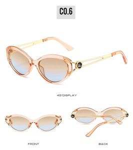 Detailed views of champagne cat eye sunglasses with gradient lenses and LH logo temples