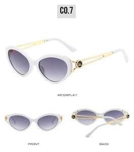 Detailed multi-angle view of white cat-eye sunglasses with gold hollowed metal temples