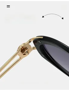 Detail of durable texture hinge on cat eye sunglasses with gold hollow metal temples