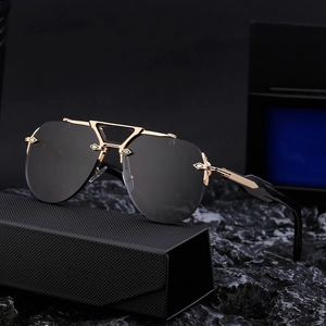 Steampunk rimless pilot sunglasses with gold metal frame and dark grey polarized lenses