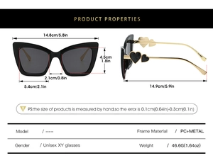 Detailed size chart for cat eye sunglasses with heart decor and metal temples