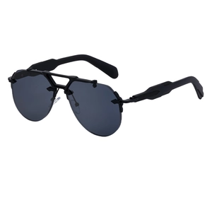 Steampunk rimless aviator sunglasses with dark grey lenses and black geometric frame