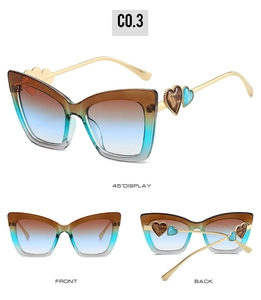 Detailed multi-angle view of cat-eye sunglasses featuring heart-shaped frame and gradient lenses