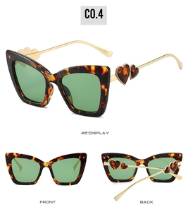 Three-angle view of tortoiseshell cat-eye sunglasses with heart-shaped metal temples