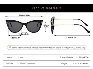 Detailed size chart for cat eye sunglasses with frame width and arm length measurements
