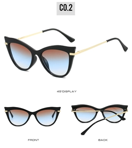 Cat eye sunglasses detail showing front, back, and 45-degree angle display views