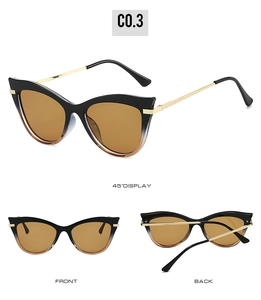 Cat eye sunglasses featuring metal spring legs and gradient frames in three angle views