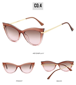 Three views of gradient cat-eye sunglasses with gold metal temples and C0.4 model detail