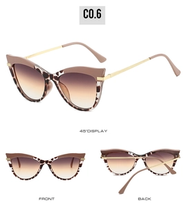 Three-way view of tortoiseshell cat-eye sunglasses with gold metal spring hinges