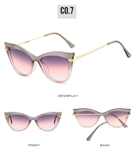 Detailed views of cat eye sunglasses with metal temples and purple gradient lenses