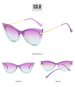 Three-angle display of cat eye sunglasses with purple gradient lenses and metal legs