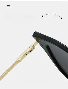 Detail of durable textured metal hinges on stylish cat eye sunglasses with spring legs