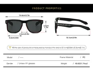 Detailed size chart for retro square sunglasses with PC frame measurements and weight