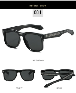 Detailed multi-angle views of black oversized square sunglasses with metal rivet accents