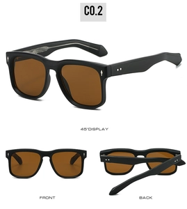 Macro detail of retro square sunglasses featuring silver arrow accents and wave pattern temples