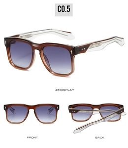 Detail view of large brown transparent frames with purple gradient lenses and metal core temples