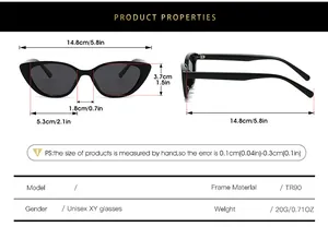 Size chart showing TR90 cat eye sunglasses dimensions 14.8cm width and 20g weight