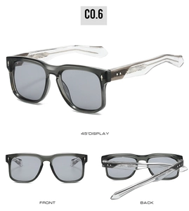 Detailed multi-angle view of vintage square sunglasses with engraved metal core