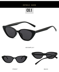 Detailed three-view shots of vintage cat-eye sunglasses with black frames and gray lenses