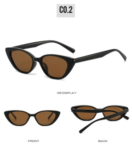 Detailed multi-angle view of black cat-eye sunglasses with gradient brown lenses