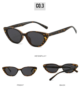 Three perspectives of retro tortoiseshell cat-eye sunglasses with dark tinted lenses