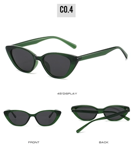 Detailed views of retro cat eye sunglasses with green frames and dark gray lenses