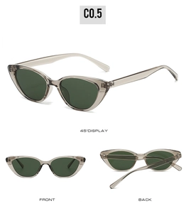 Three-view display of cat-eye polarized sunglasses in transparent grey and dark green