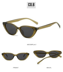 Detail view of olive green cat eye sunglasses with grey polarized lenses and retro frame