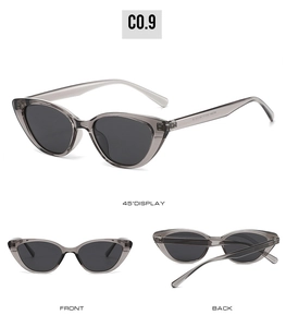 Three views of smoke grey cat eye sunglasses showing front, back and 45 degree angles
