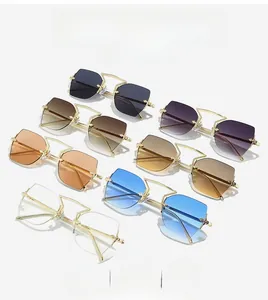 Close-up of rimless polygon sunglasses with irregular cut edges in seven trendy colors