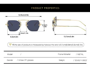 Size chart showing dimensions for rimless polygon metal sunglasses with frame measurements