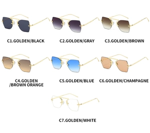 Detailed multi-color display of rimless geometric sunglasses with gold metal temples