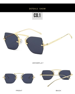 Detailed views of rimless geometric sunglasses with gold metal frame and dark grey lenses