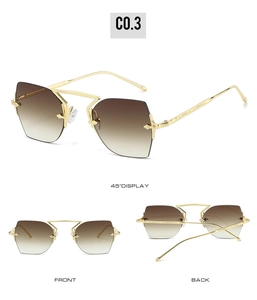 Three-angle display of rimless geometric metal sunglasses with brown gradient lenses