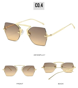 Three views of rimless geometric sunglasses with gold metal frame and gradient brown lenses