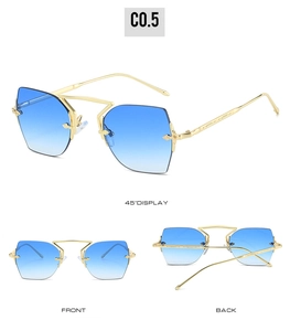 Three angles of rimless gradient blue metal sunglasses with textured gold temples