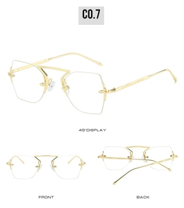 Three-view display of rimless geometric metal sunglasses with polygon cut lenses