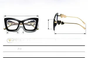 Detailed size chart for cat eye glasses with black frames and heart-detailed gold temples
