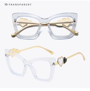 Detailed view of transparent cat-eye glasses frame with heart-shaped metal temples
