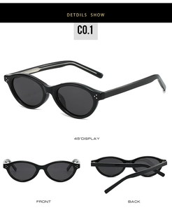 Three-way view of retro oval sunglasses with black frames and silver rivet details