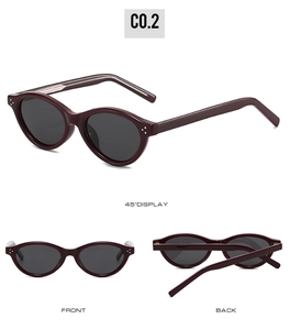 Three-angle display of burgundy oval cat-eye sunglasses with gray lenses and metal studs