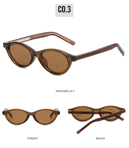 Three-view display of vintage oval sunglasses with amber acetate frames and metal rivets
