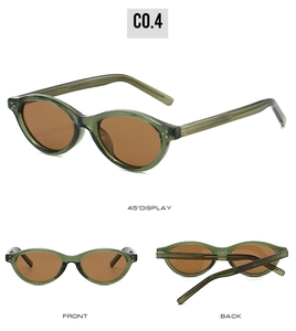 Multiple views of oval retro sunglasses in olive green with brown polarized lenses
