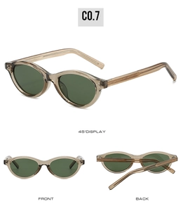 Three-way view of oval vintage sunglasses with tea-colored frames and dark green lenses