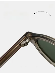 Macro view of durable metal hinge on oval translucent amber sunglasses frame