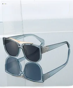 Macro detail of translucent blue square sunglasses with metallic bridge and grey lenses