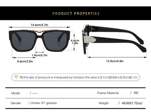 Detailed size chart and technical specifications for square frame unisex sunglasses