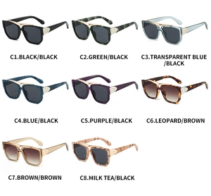 Detailed multi-color display of square oversized sunglasses with gold metal accents