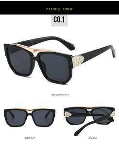 Detailed views of black oversized square sunglasses with gold metal top bar and arrow accents