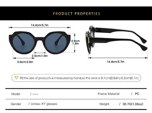 Size chart detail for irregular round frame sunglasses with full PC frame dimensions